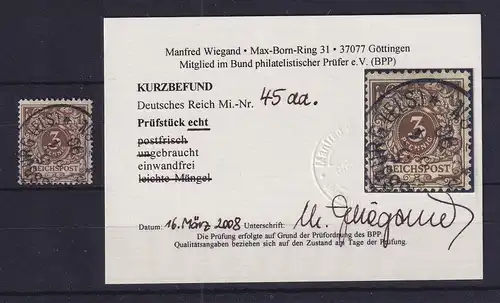 Dt. Reich 3 Pf Krone/Adler Mi.-Nr. 45 aa, gestempelt,  gepr. KB WIEGAND BPP