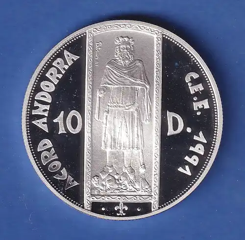 Andorra 1994 Silbermünze Petrus III. von Aragon 10 Diners/ECU 31,47g Ag925 PP