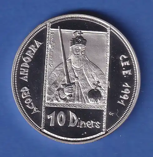 Andorra 1992 Silbermünze Kaiser Karl der Große 10 Diners/ECU 31,47g Ag925 PP