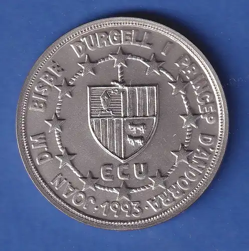 Andorra 1993 Silbermünze Hl. Georg 20 Diners/ECU 25g Ag925 Inlay 1,5g Au916