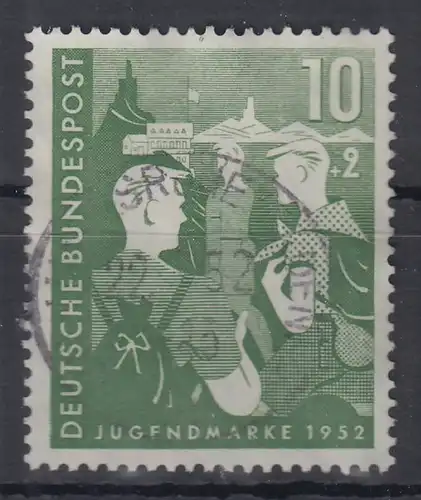 Bund 1952 Jugend 10+2 Pfg Mi.-Nr. 153 mit Einkreis-O Karlsruhe