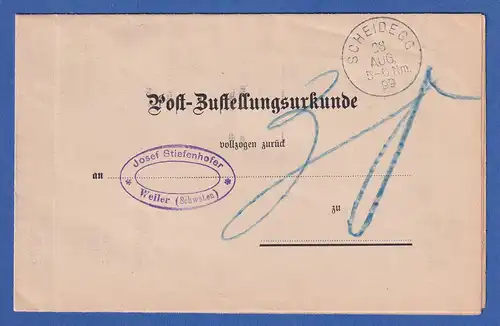 Bayern unfrankierte Post-Zustellungsurkunde mit Einkreisstempel SCHEIDEGG 1899