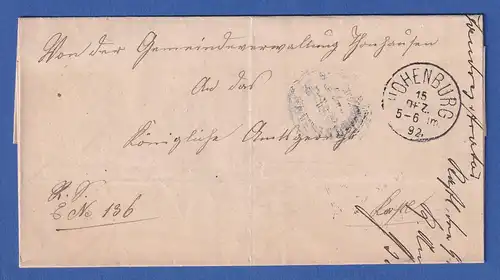 Bayern unfrankierter Dienstbrief mit Einkreisstempel HOHENBURG 1892