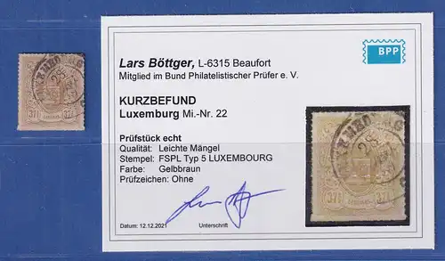 Luxemburg 1867 Staatswappen 37 1/2 C Mi.-Nr. 22, O, geprüft KB Böttger BPP