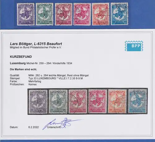 Luxemburg 1934 Kinderhilfe Mi.-Nr. 259-264 leichte Mängel O gepr. KB Böttger BPP