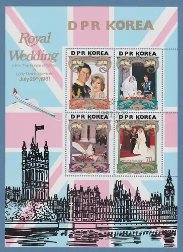 Korea-Nord 1981 Lady Diana Royal Wedding Kleinbogen mit 4 Werten gestempelt