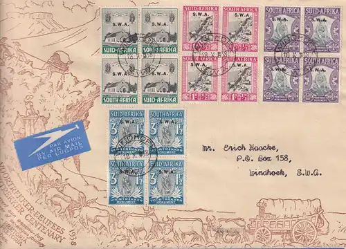 SWA 1935 Voortrekker Mi.-Nr. 172-179 Viererblocks auf Sammlerbrief O WINDHOEK