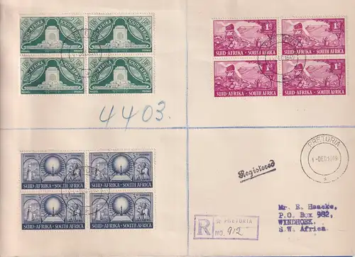 Südafrika 1949 Voortrekkerdenkmal Mi.-Nr. 217-219 Viererblocks, R-FDC O PRETORIA