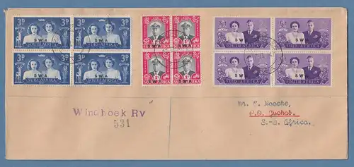 Südwestafrika 1947 Besuch der Königsfamilie Viererblocksatz auf R-FDC O WINDHOEK
