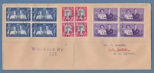 Südwestafrika 1947 Besuch der Königsfamilie Viererblocksatz auf R-FDC O WINDHOEK
