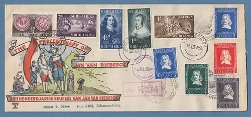 Südafrika 1952 Jan von Riebeeck Mi.-# 224-228 auf FDC, dazu NL Mi-# 583-86 O