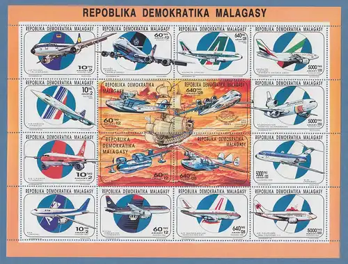 Madagaskar 1993 Passagier-Flugzeuge, Fluggesellschaften Mi.-Nr. 1578-93 Zd-Bogen