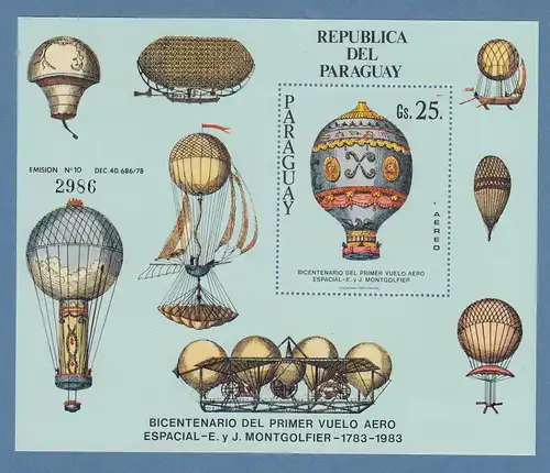 Paraguay 1983 200 Jahre Luftfahrt Montgolfière Mi.-Nr. Block 385 **