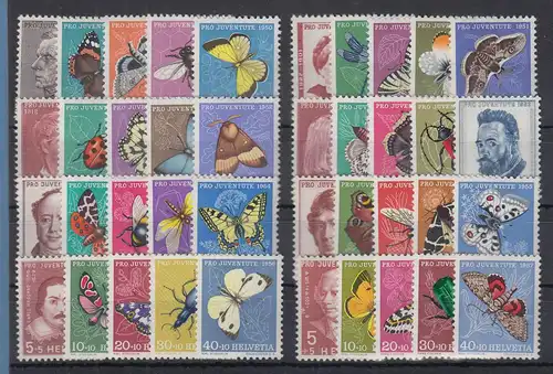 Schweiz 1950-1957 Pro Juventute Käfer, Schmetterlinge, Personen alle 8 Sätze **