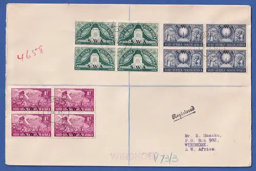 SWA 1949 Voortrekkerdenkmal Mi.-Nr. 266-268, Viererblocks auf R-FDC O WINDHOEK