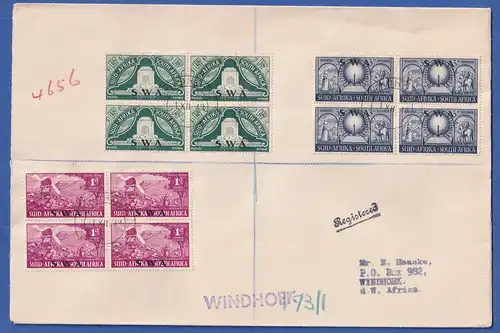 SWA 1949 Voortrekkerdenkmal Mi.-Nr. 266-268 Viererblocks auf R-FDC O WINDHOEK