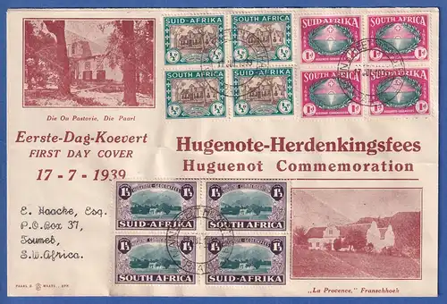 Südafrika 1939 Hugenotten Mi.-Nr. 131-136 Viererblocks auf FDC O PAARL