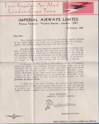 Großbritannien 1932 Schöner Erstflugbrief IMPERIAL AIRWAYS nach Walvis Bay SWA