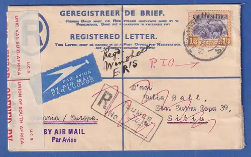SWA  Antilope Mi.-Nr. 154 auf Luftpost-R-Brief O TSUMEB 1940