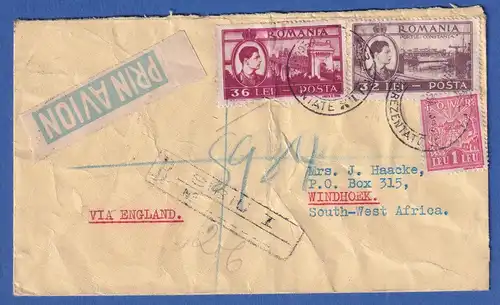 Rumänien 1948 Schöner Luftpost-R-Brief beids. frankiert a. SIBIU n. Windhoek SWA