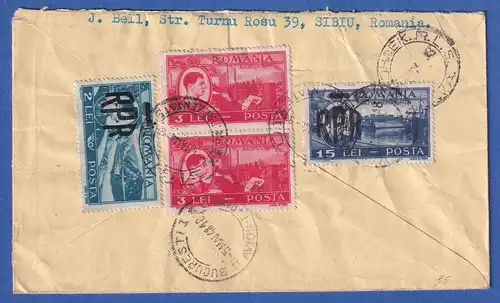 Rumänien 1948 Schöner Luftpost-R-Brief beids. frankiert a. SIBIU n. Windhoek SWA