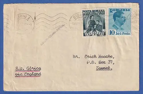 Rumänien 1939 Mi.-Nr. 544 und 573 auf Brief aus SIBIU nach Tsumeb SWA