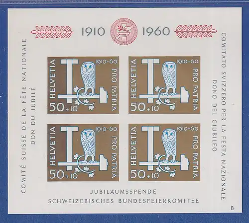 Schweiz 1960 Bundesfeierspende Pro Patria Eule Mi.-Nr. Block 17 postfrisch ** 