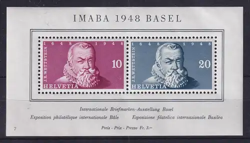 Schweiz 1948 Briefmarkenausstellung IMABA Mi.-Nr. Block 13 postfrisch ** 