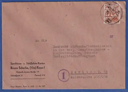 SBZ Bezirkshandstempel Bezirk 14 Riesa 24 Pfg EF auf Brief nach Berlin-W.