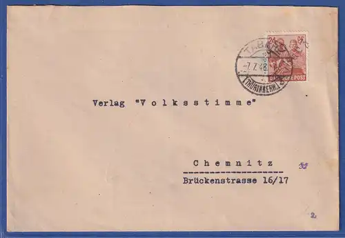 SBZ Bezirkshandstempel Bezirk 16 Tabarz 24 Pfg EF auf Brief nach Chemnitz