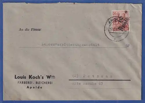 SBZ Bezirkshandstempel Bezirk 16 Apolda 24 Pfg EF auf Brief nach Potsdam