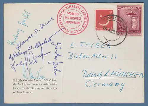 Himalaya-Expedition 1960 zum K2  Postkarte mit Signaturen der Bergsteiger