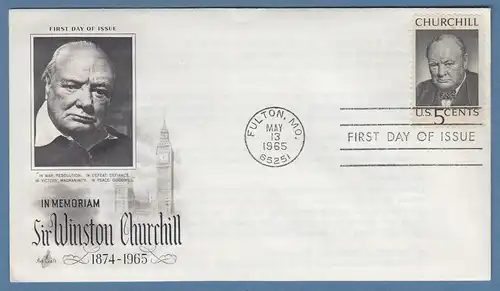 USA 1965 Winston Churchill, FDC 13. Mai 1965. Darin Beiblatt mit Text v. Kennedy