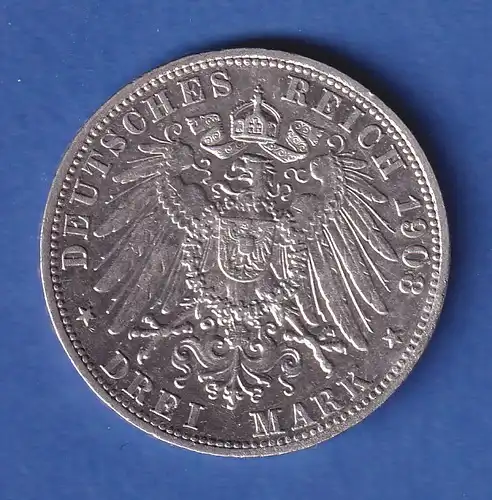 Dt. Kaiserreich Baden Silbermünze Großherzog Friedrich II. 3 Mark 1908 G ss-vz