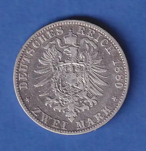 Dt. Kaiserreich Bayern Silbermünze Ludwig II. 2 Mark 1880 D sehr schön 