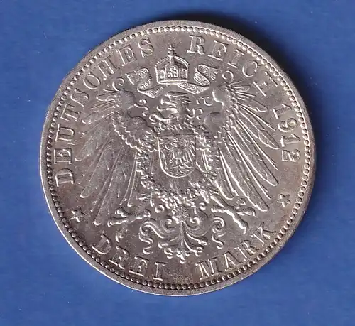 Dt. Kaiserreich Baden Silbermünze Großherzog Friedrich II. 3 Mark 1912 G