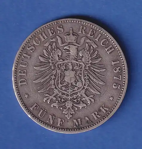 Dt. Kaiserreich Hessen Silbermünze Großherzog Ludwig III. 5 Mark 1875 H