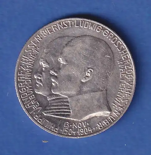 Dt. Kaiserreich Hessen Silbermünze Jubiläumsgedenkmünze 2 Mark 1904 (A) vz!