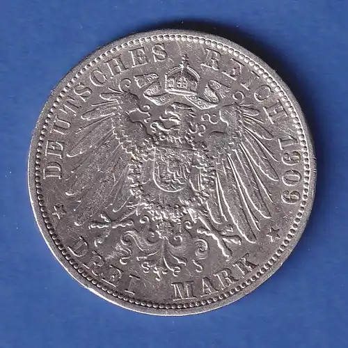 Dt. Kaiserreich Baden Silbermünze Großherzog Friedrich II. 3 Mark 1909 G ss-vz