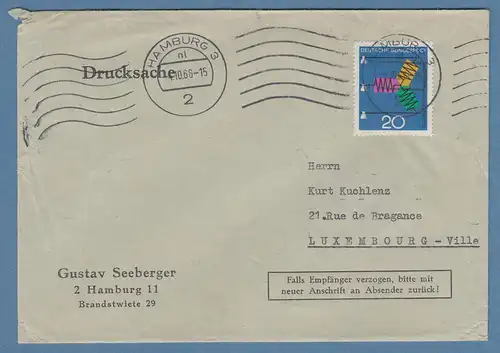 Bund 1966 20Pfg-Wert Drehstrom Mi.-Nr. 521EF auf Drucksache nach Luxemburg