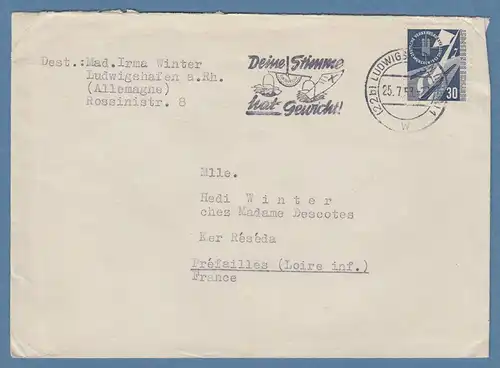 Bund 1953 30Pfg Verkehrsausstellung Mi.-Nr. 170 EF auf Brief nach Frankreich 