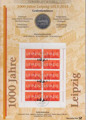 Bundesrepublik Numisblatt 4/2015 1000 Jahre Leipzig mit 10-Euro-Gedenkmünze 