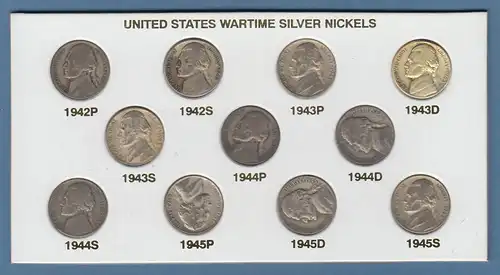 USA 1942-45 Kollektion alle 11 verschiedenen 5Cent "wartime silver nickels" 