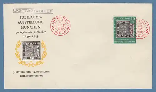 Bundesrepublik 1949 Mi-Nr. 113 auf FDC mit rotem So.-O München 30.9.49