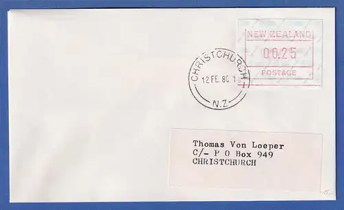 Neuseeland Frama-ATM 2. Ausg. 1986 Mi-Nr. 2b Wert 00,25 auf FDC