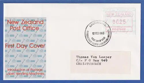 Neuseeland Frama-ATM 2. Ausg. 1986 Wert 00,25 auf adress. FDC 