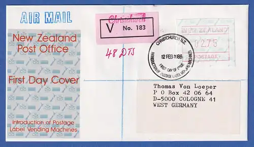 Neuseeland Frama-ATM 2. Ausg. 1986 Wert 02,75 auf V-FDC 