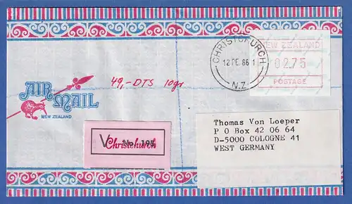 Neuseeland Frama-ATM 2. Ausg. 1986 Wert 02,75 auf V-FDC nach D