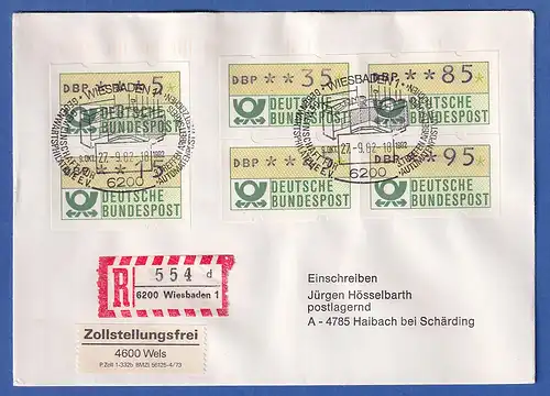 ATM Mi.-Nr. 1.1 insgesamt 6 Werte auf R-Brief nach A, So.-O WIESBADEN 27.9.82