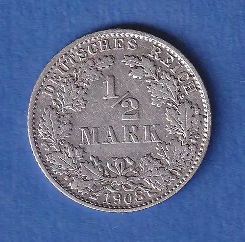 Deutsches Kaiserreich Silber-Kursmünze 1/2 Mark 1908 E vz